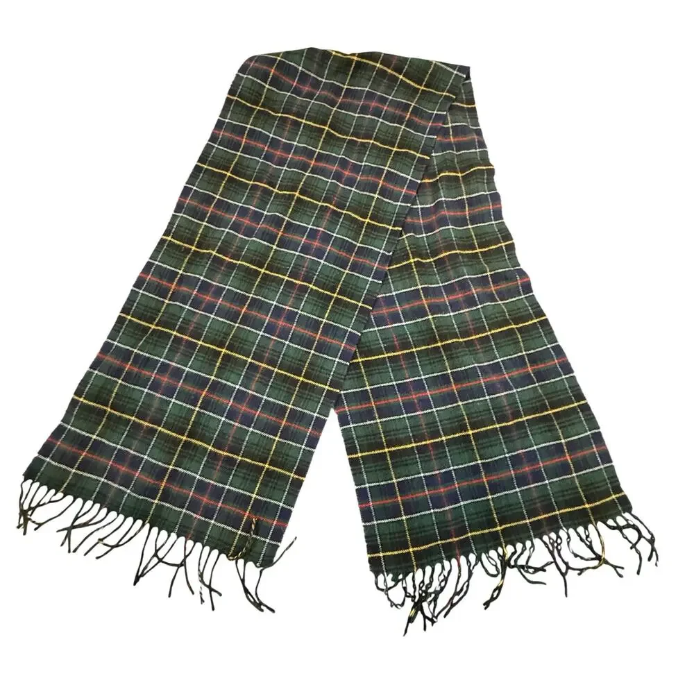 Vintage Benetton Green Plaid Wool Scarf Fringe Red Yellow Blue Tartan Men Women